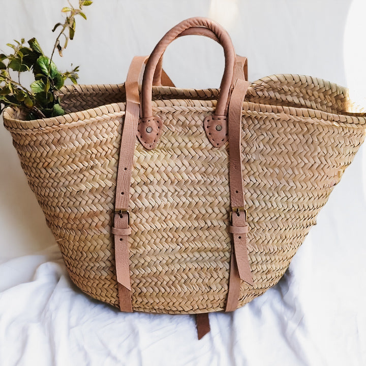 Moroccan French Market Basket Bag - Backpack with Leather