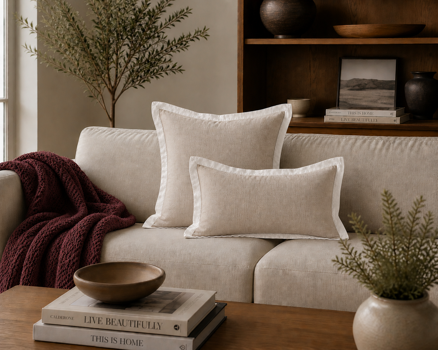 Pure Linen Lumbar Cushion | Natural with White Contrasting Flange | 40 x 60 cm