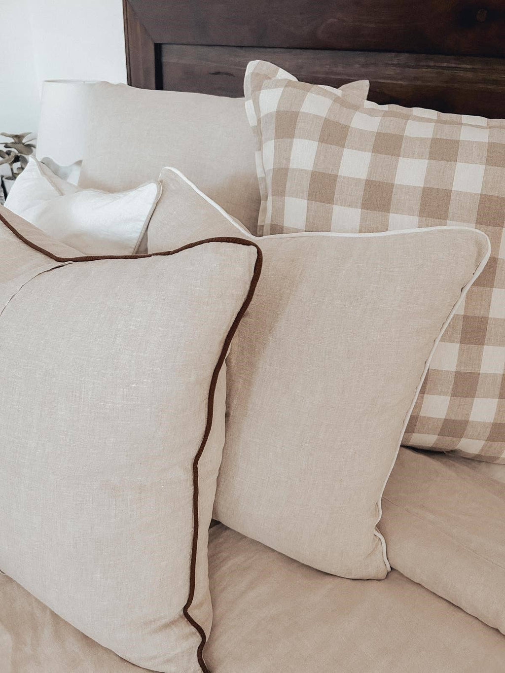 Linen Cushion Cover with Piped Edge - Natural with Coffee Pi