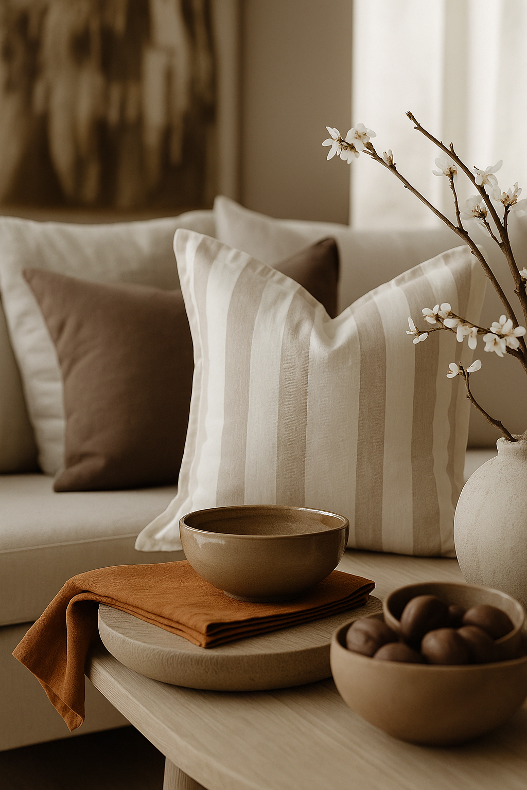 Pure French Linen Cushion Cover with Flange Detail - Natural Wide Stripe