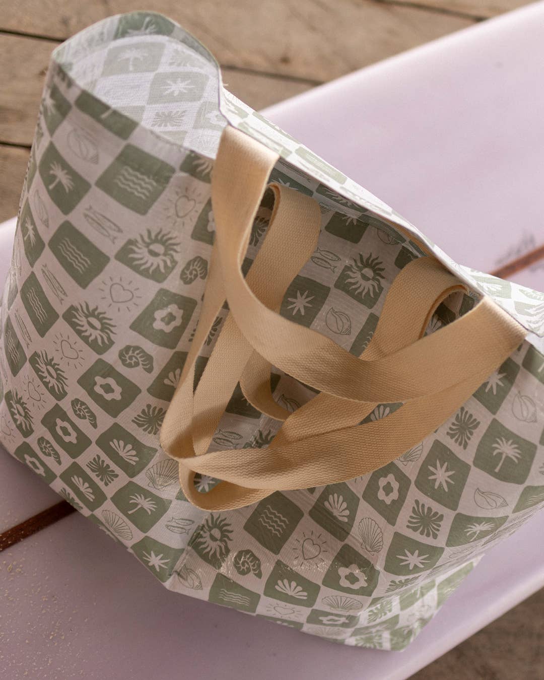 Neutral Check Sage Green - Weekender Tote Bag with Pocket