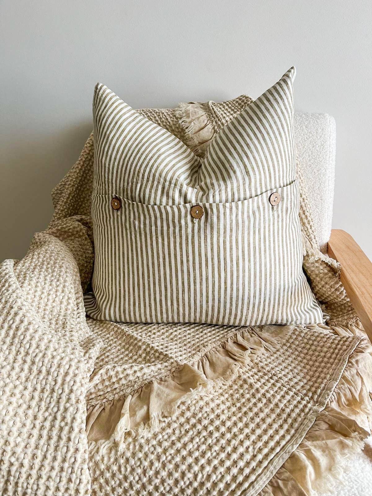 Pure French Linen Cushion Cover - Olive Pinstripe