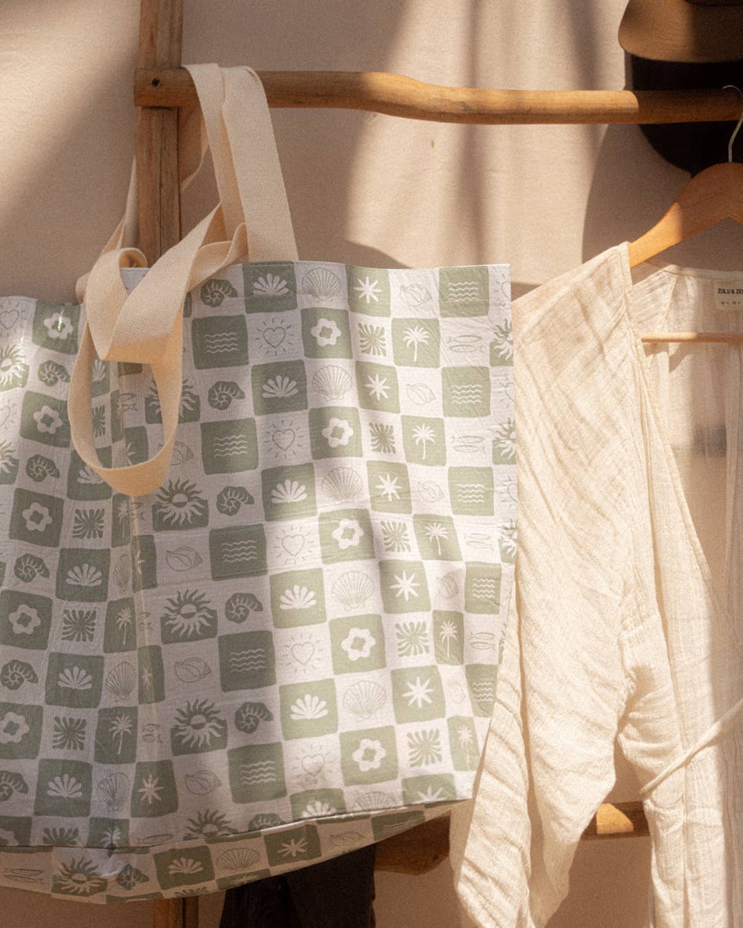 Neutral Check Sage Green - Weekender Tote Bag with Pocket