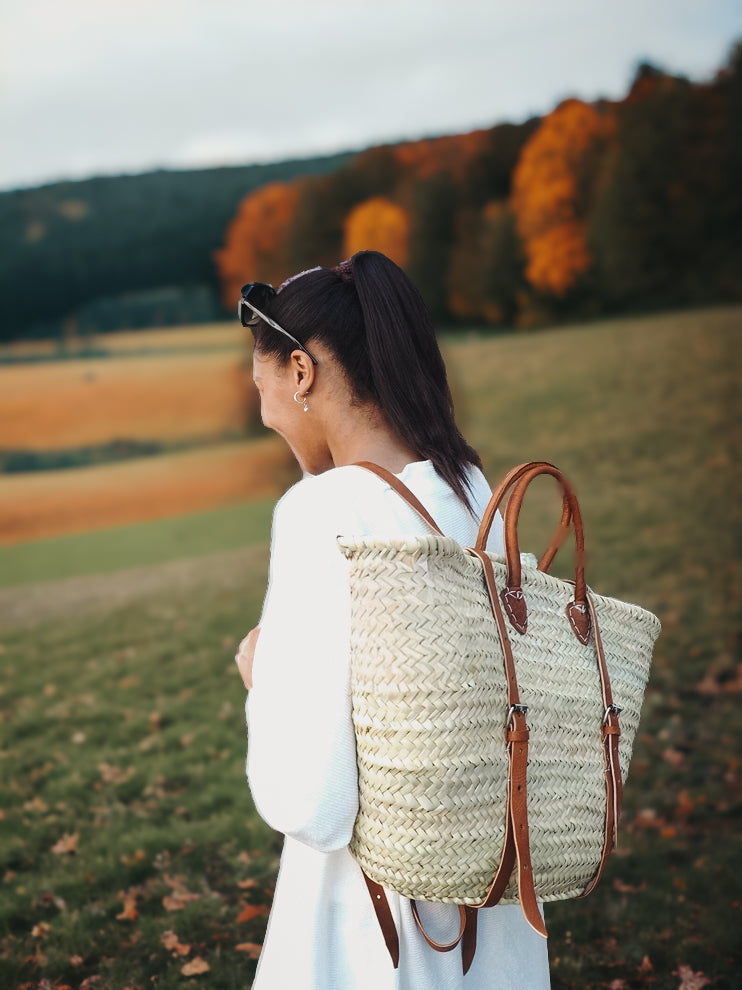 Moroccan French Market Basket Bag - Backpack with Leather