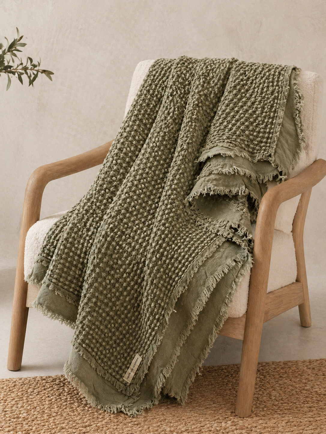 Organic Cotton Rustic Waffle Throw Blanket - Light Olive