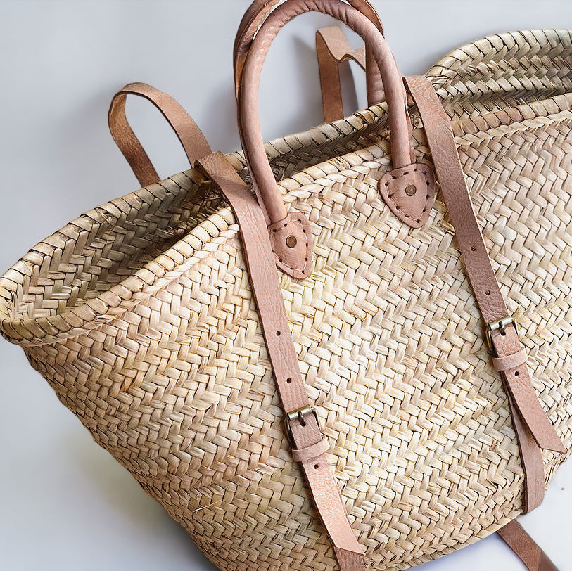 Moroccan French Market Basket Bag - Backpack with Leather
