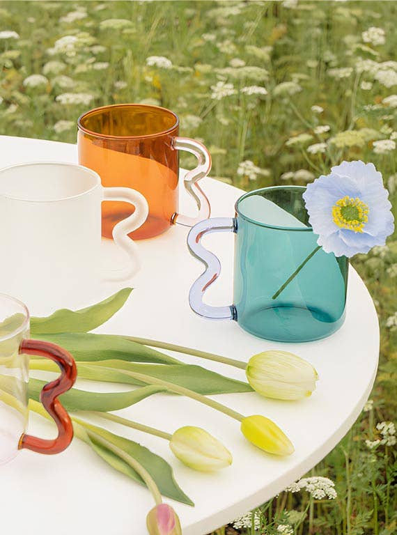 Pink Glass Mug – Wavy Red Handle 450ml