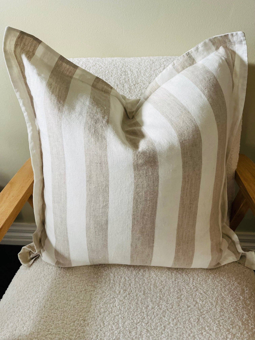 Pure French Linen Cushion Cover with Flange Detail - Natural Wide Stripe
