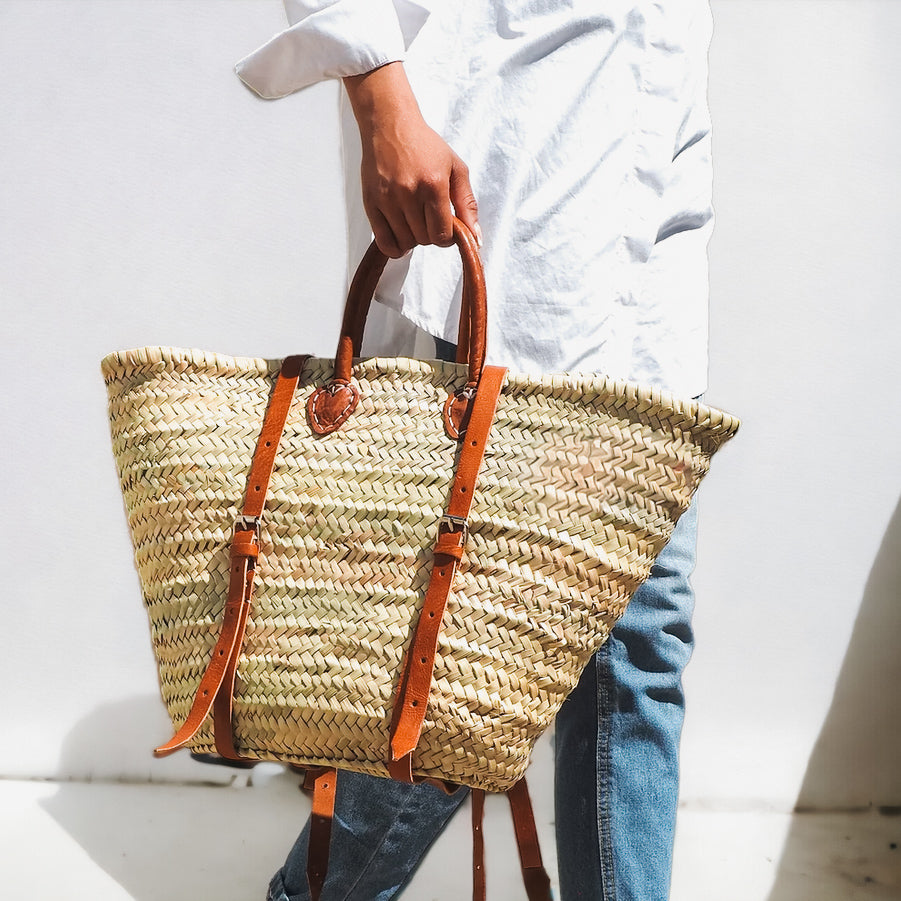 Moroccan French Market Basket Bag - Backpack with Leather