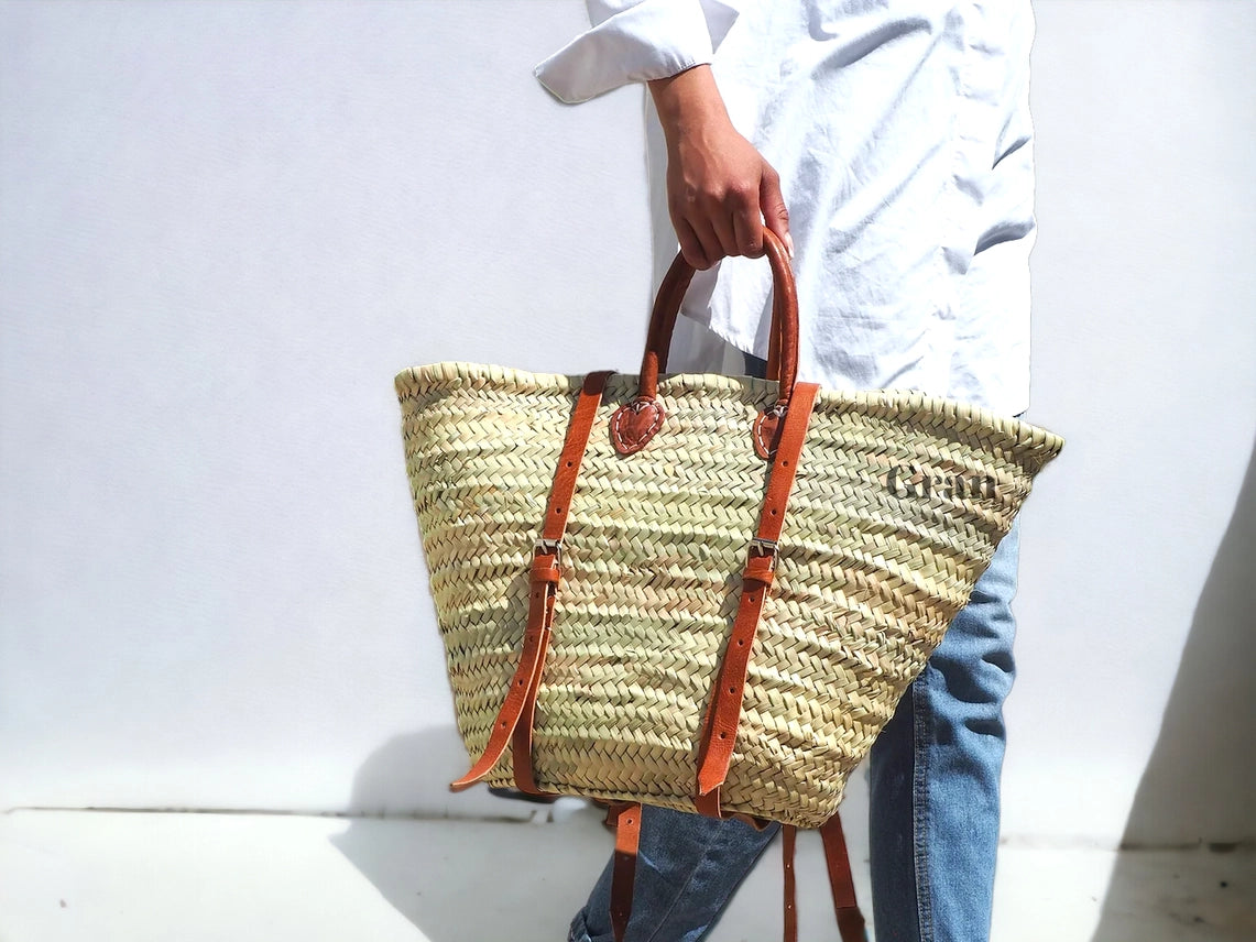 Tan French Market Basket Backpack