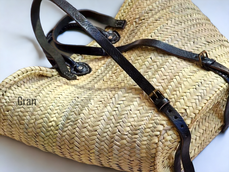 Moroccan French Market Basket Bag - Backpack with Leather