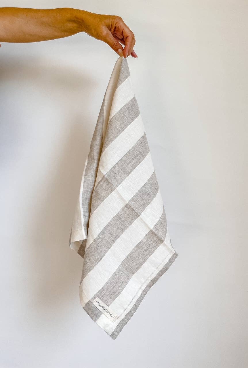 Pure French Linen Tea Towel - Natural Wide Stripe