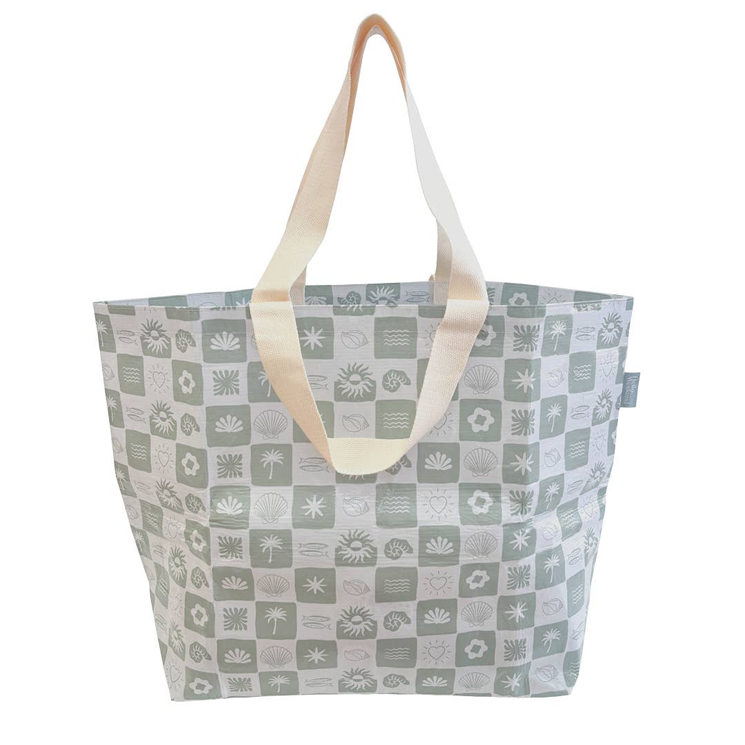 Neutral Check Sage Green - Weekender Tote Bag with Pocket