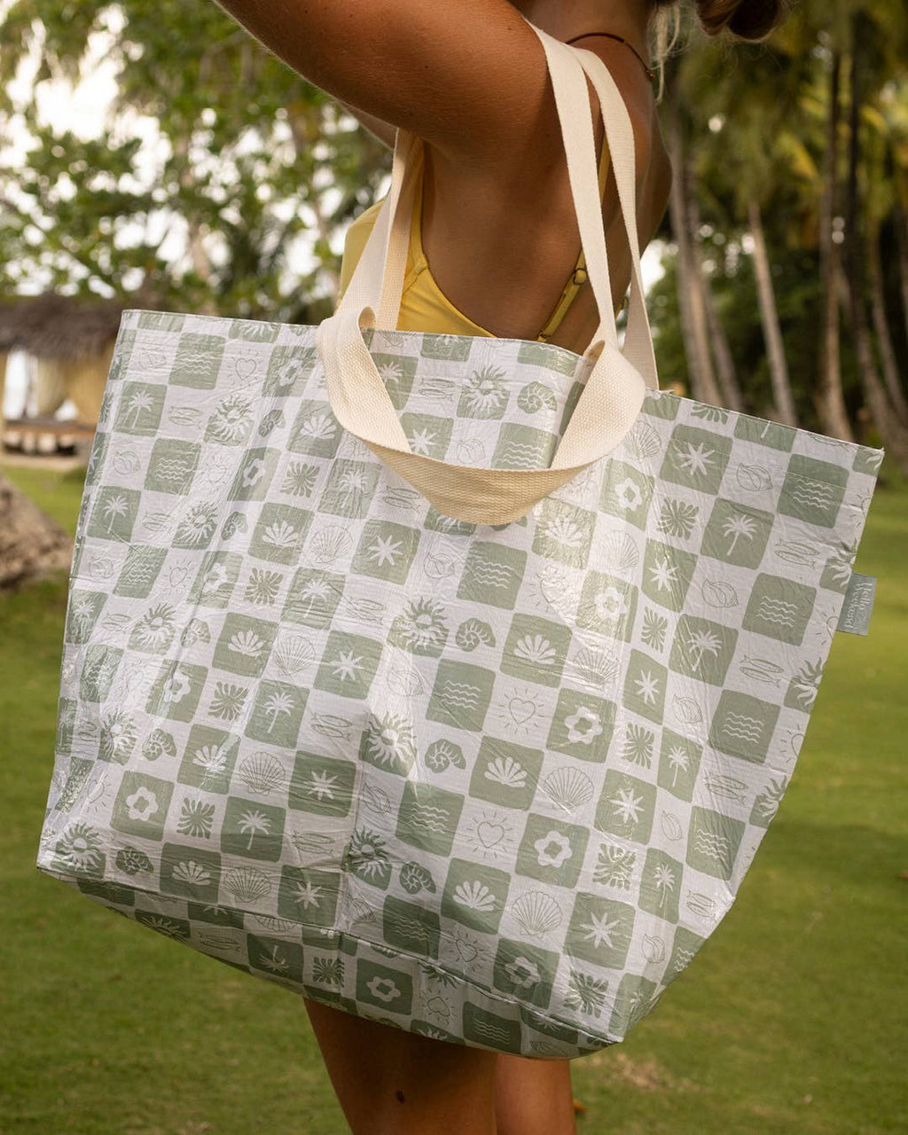 Neutral Check Sage Green - Weekender Tote Bag with Pocket