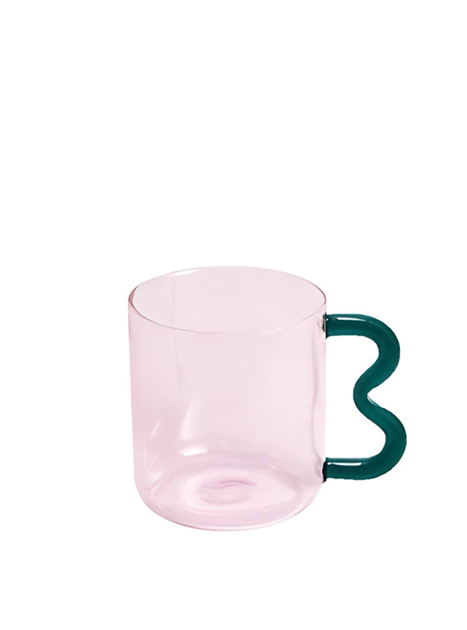 Pink Glass Mug – Wavy Green Handle 450ml