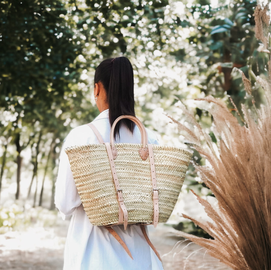 Moroccan French Market Basket Bag - Backpack with Leather