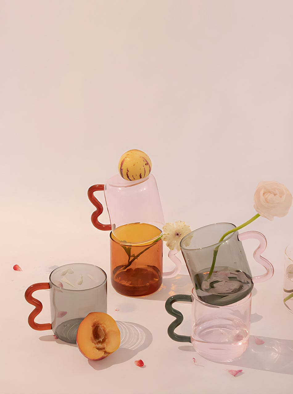 Pink Glass Mug – Wavy Red Handle 450ml