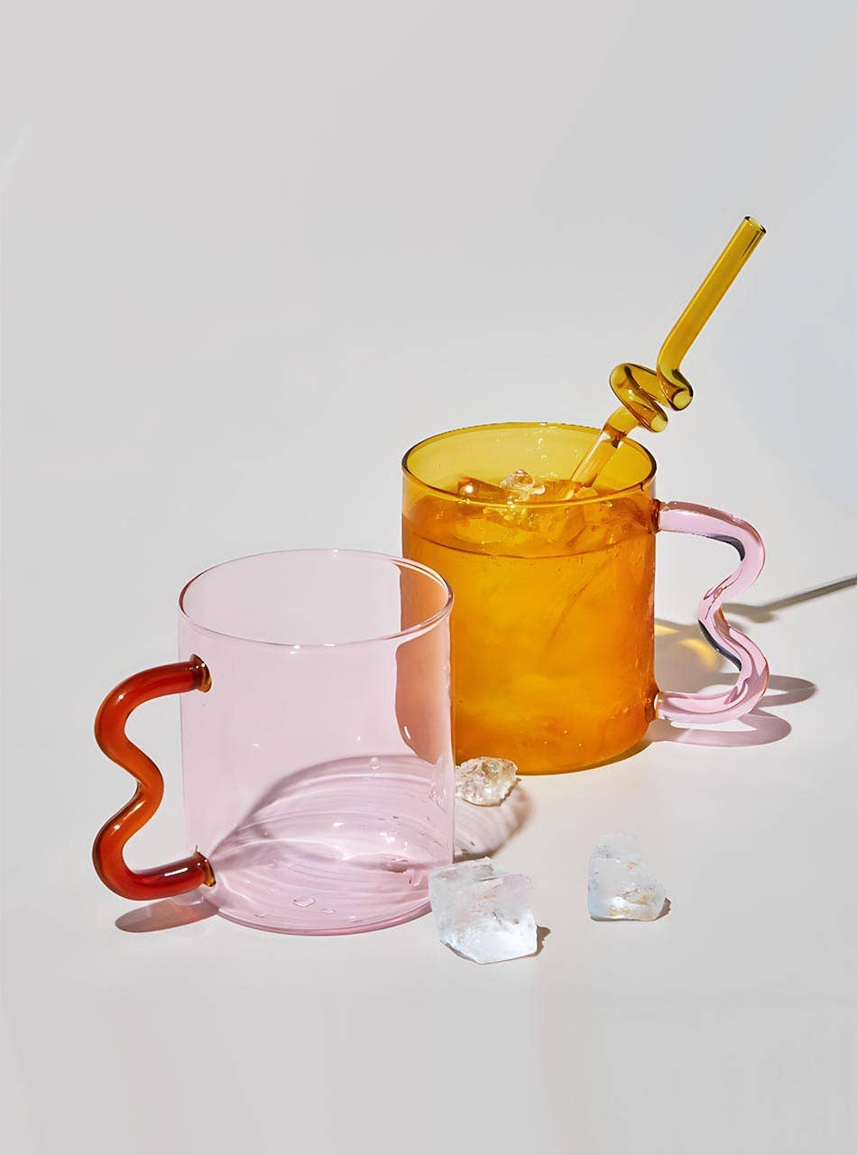 Pink Glass Mug – Wavy Green Handle 450ml