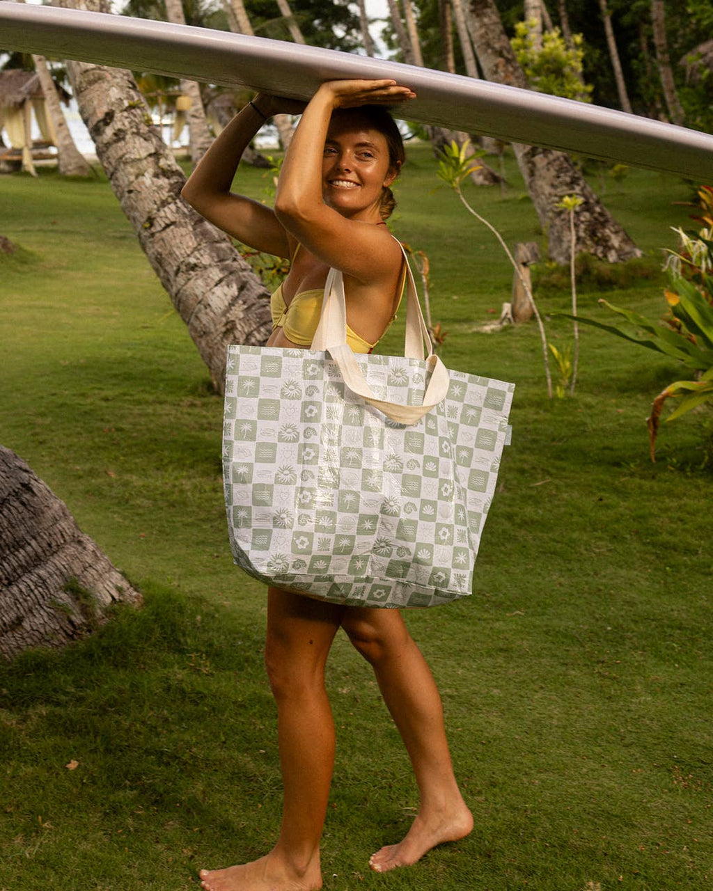 Neutral Check Sage Green - Weekender Tote Bag with Pocket